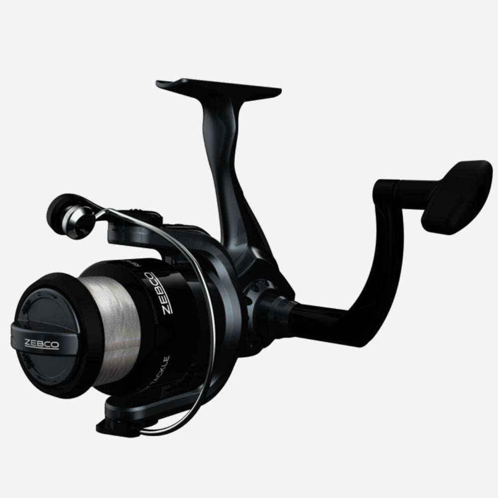 Black fishing reel with Zebco branding on a white background