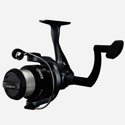 Black fishing reel with Zebco branding on a white background