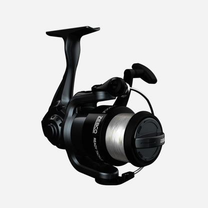Black fishing reel on a white background
