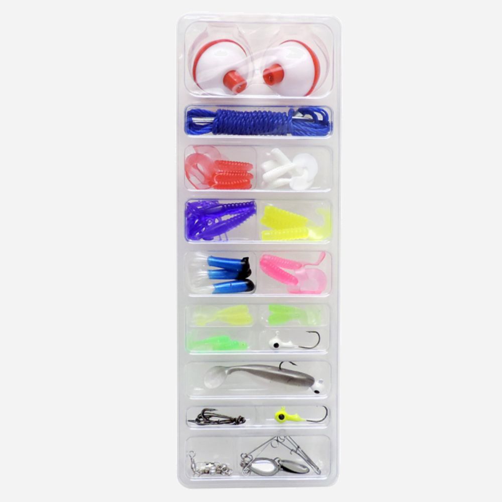 Assorted fishing lures in a clear organizer on a white background