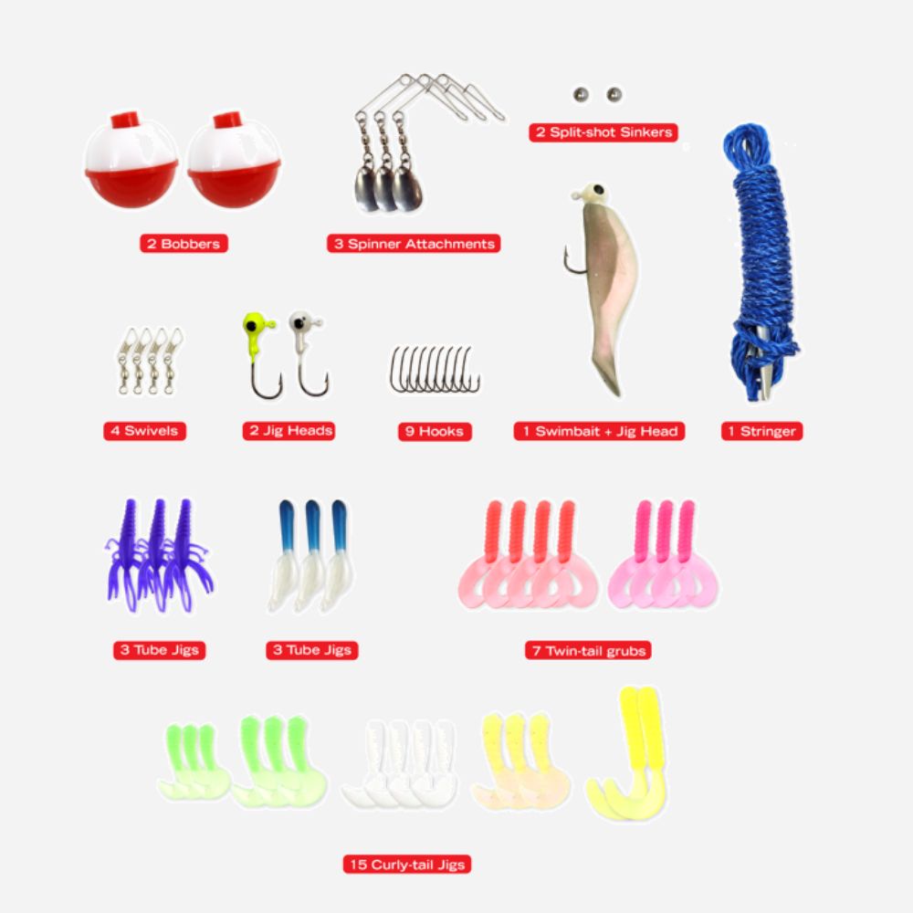 Collection of fishing accessories including bobbers, spinner attachments, and other equipment on a white background.