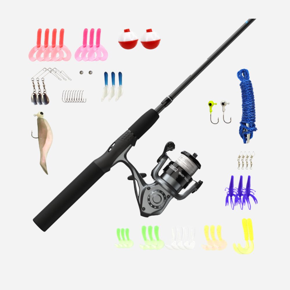 Fishing rod and reel set with various fishing accessories on a white background