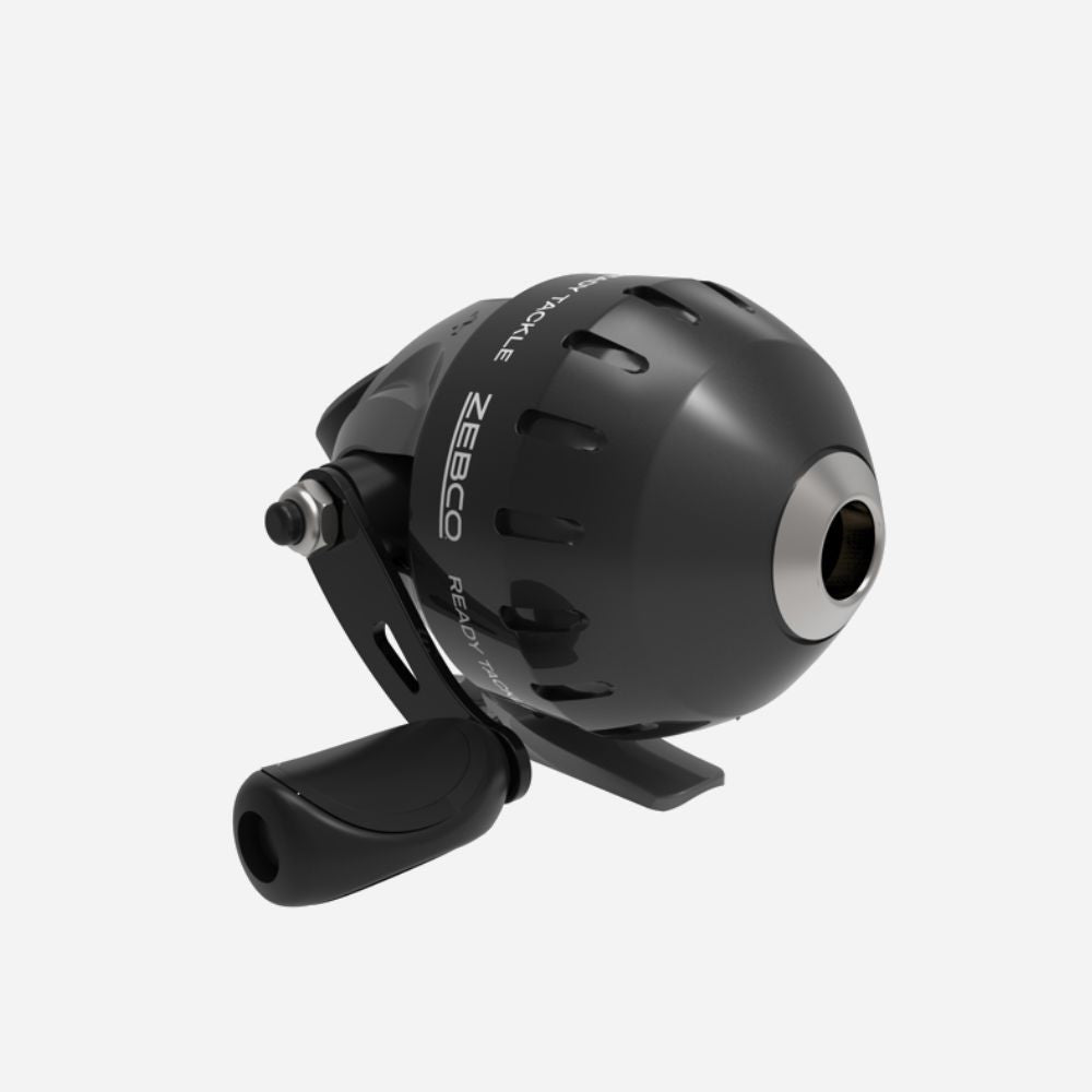 Black fishing reel with Zeeko branding on a white background