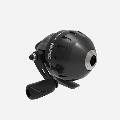 Black fishing reel with Zeeko branding on a white background