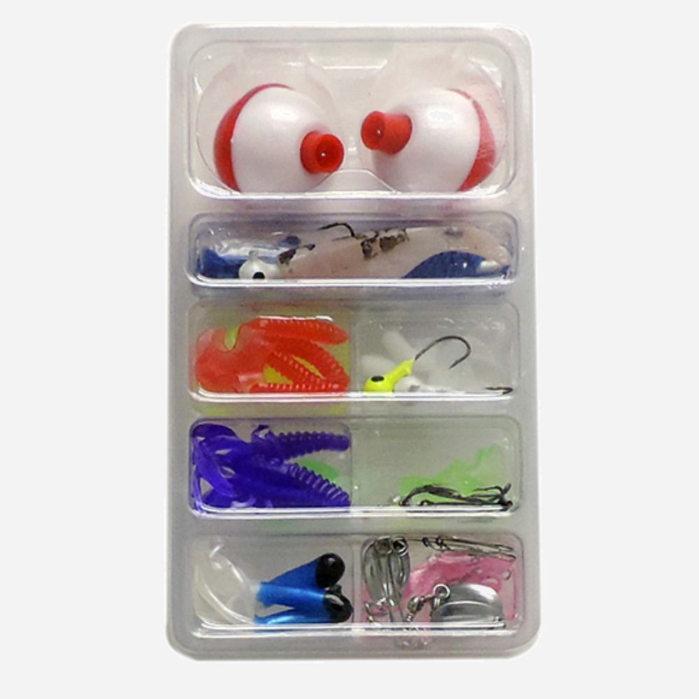 Assorted fishing lures in a clear plastic case on a white background