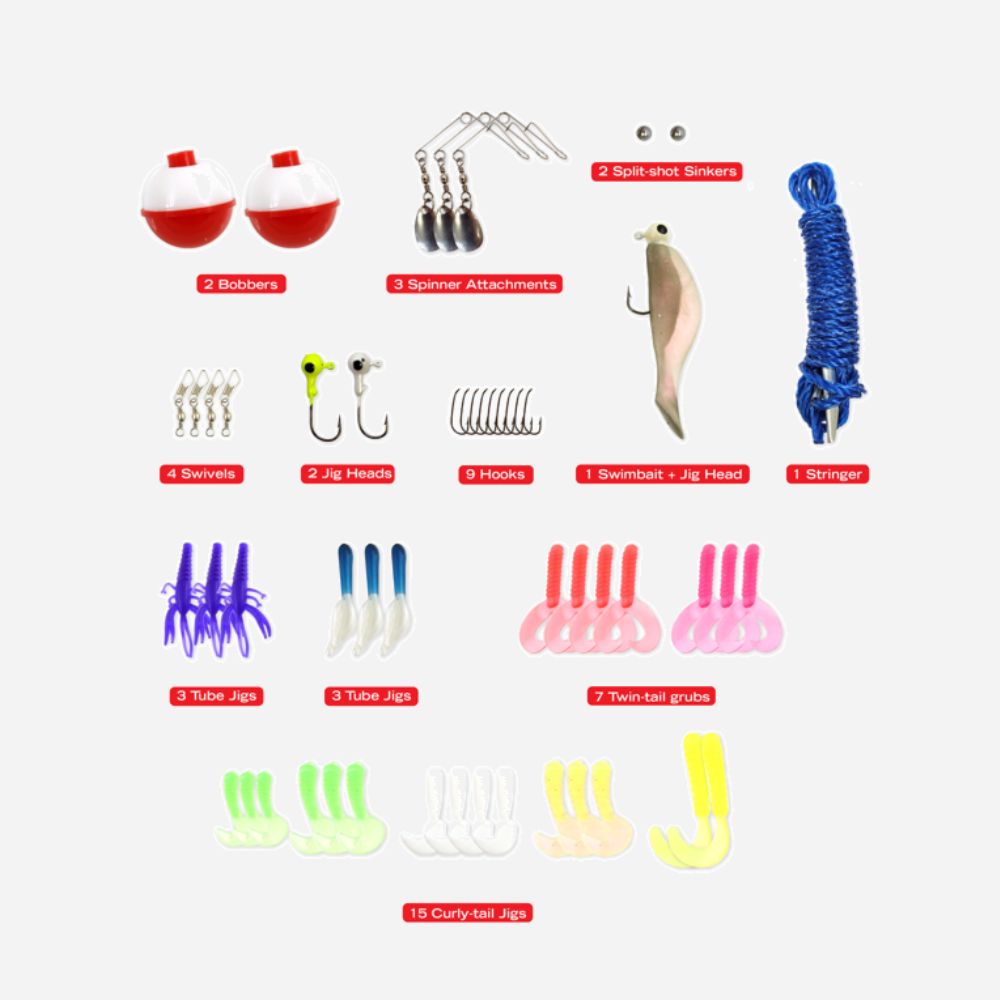 Collection of fishing accessories including bobbers, spires, and various jigs on a white background.