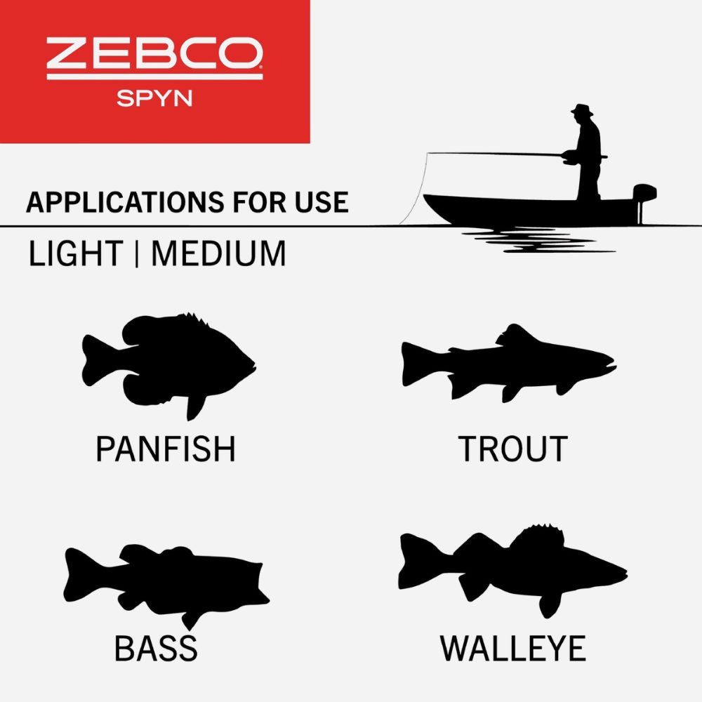 Zebco Spyn application chart for light to medium fishing with fish silhouettes and a silhouette of a fisherman.