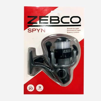 Zebco Spyn fishing reel packaging on a white background