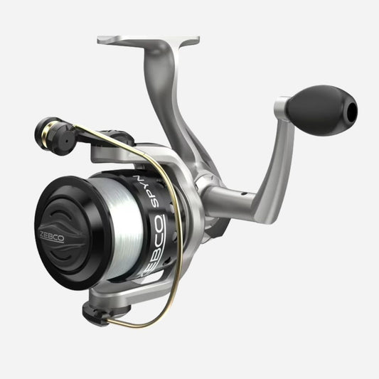Zebco spinning fishing reel with silver body, black spool, and pre-spooled line.