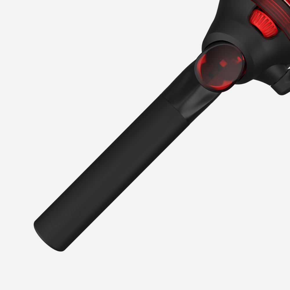 Black and red handheld vacuum cleaner on a white background
