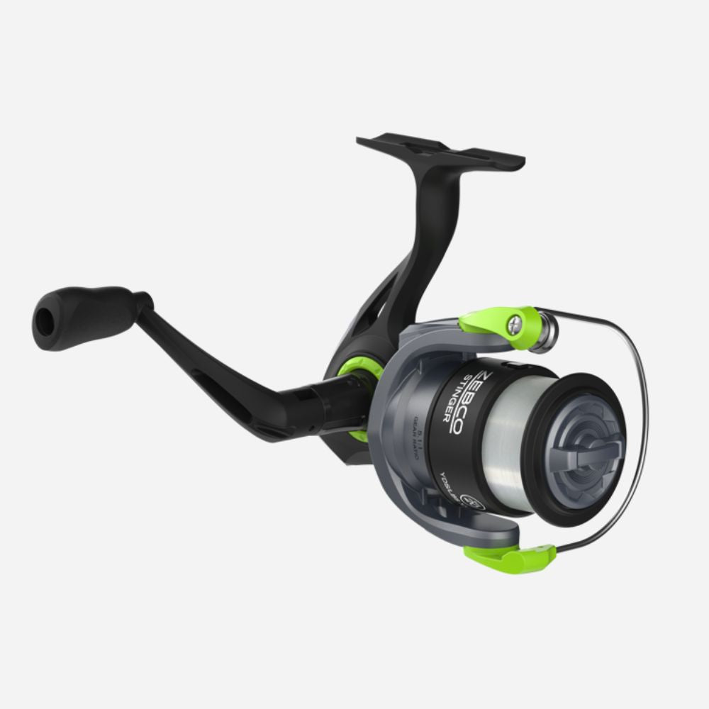 Fishing reel with black and green accents on a white background