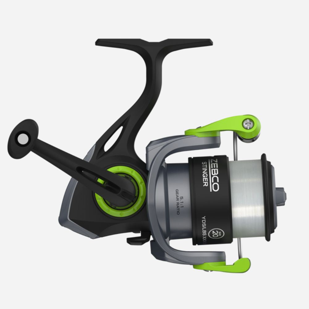 Fishing reel with green accents on a white background