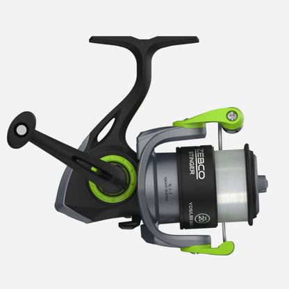 Fishing reel with green accents on a white background