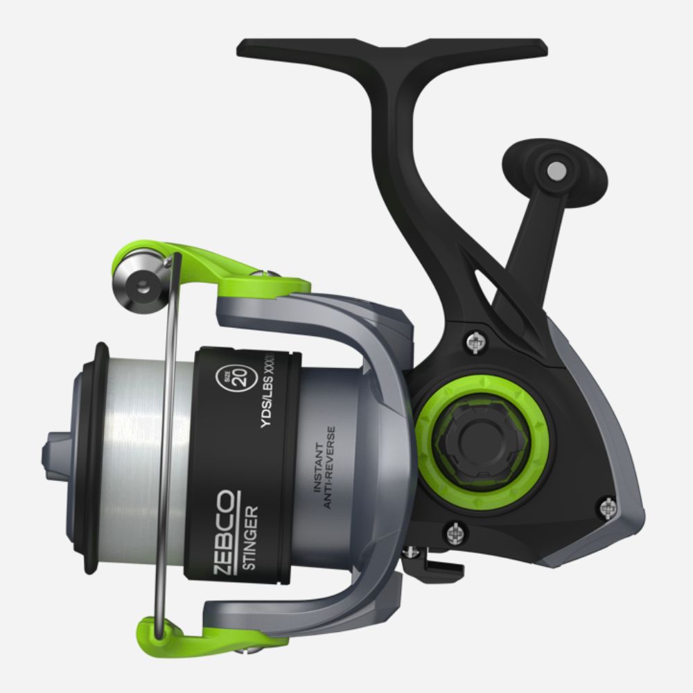 Fishing reel with green accents on a white background