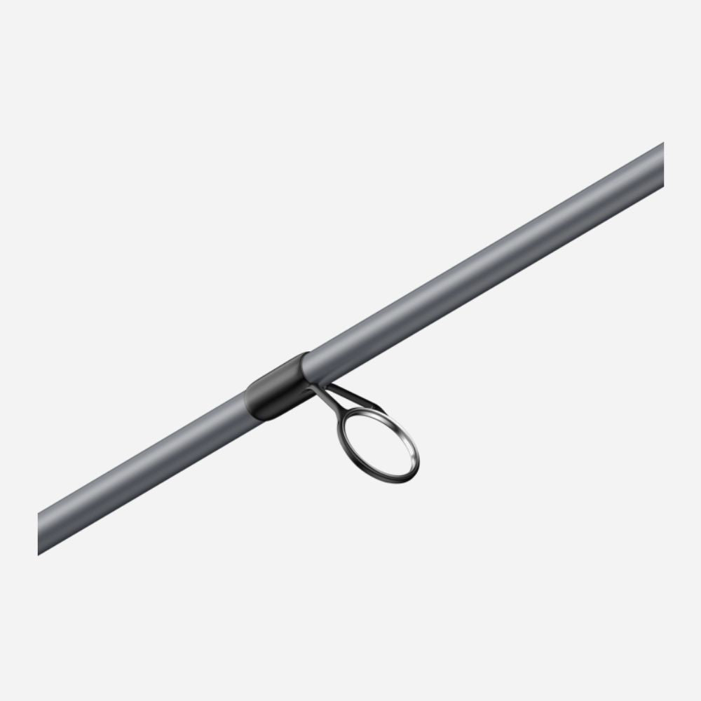 Close-up of a gray metal rod with a circular component on a white background