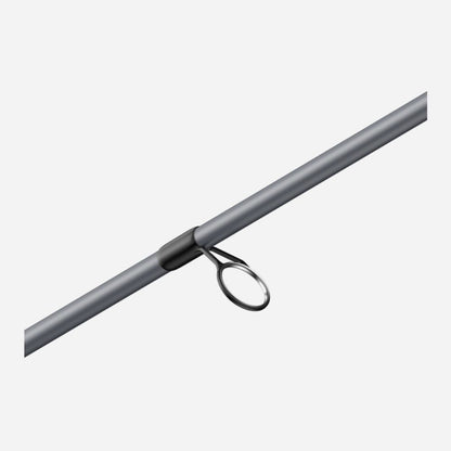 Close-up of a gray metal rod with a circular component on a white background