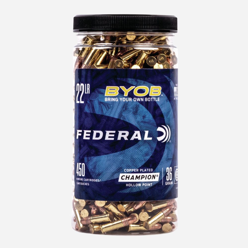 Jar of Federal ammunition with blue label on a white background