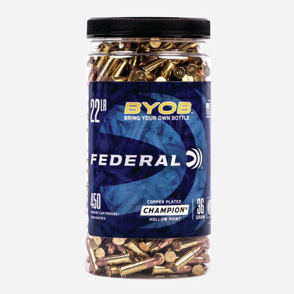 Jar of Federal ammunition with blue label on a white background