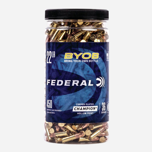 Jar of Federal ammunition with blue label on a white background