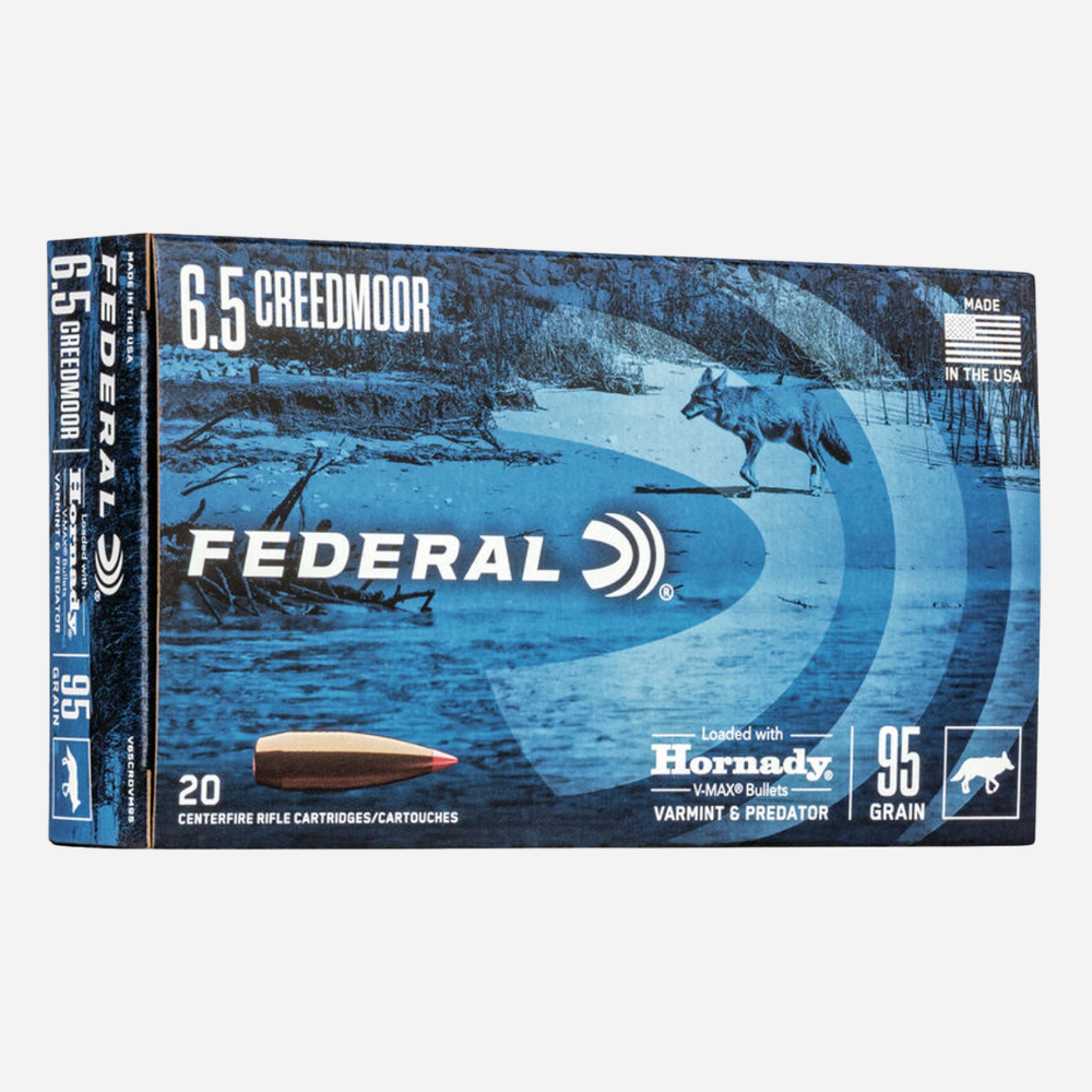 Federal 6.5 Creedmoor ammunition box with a wolf and deer design on a blue background