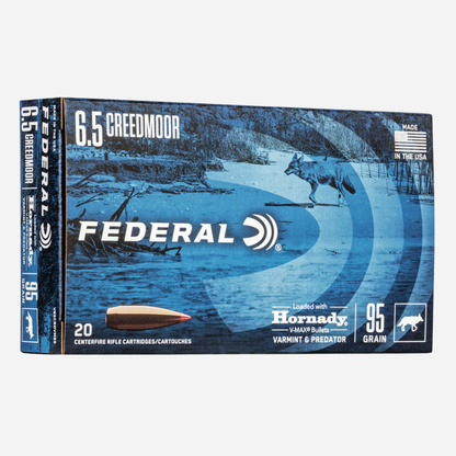 Federal 6.5 Creedmoor ammunition box with a wolf and deer design on a blue background