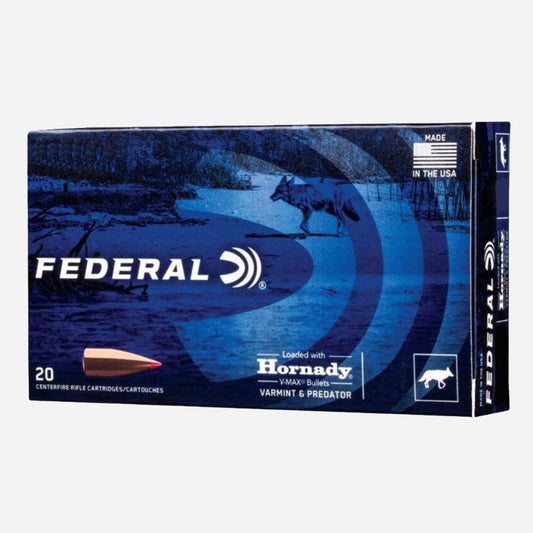 Box of Federal Hornady Varmint & Predator ammunition on a white background