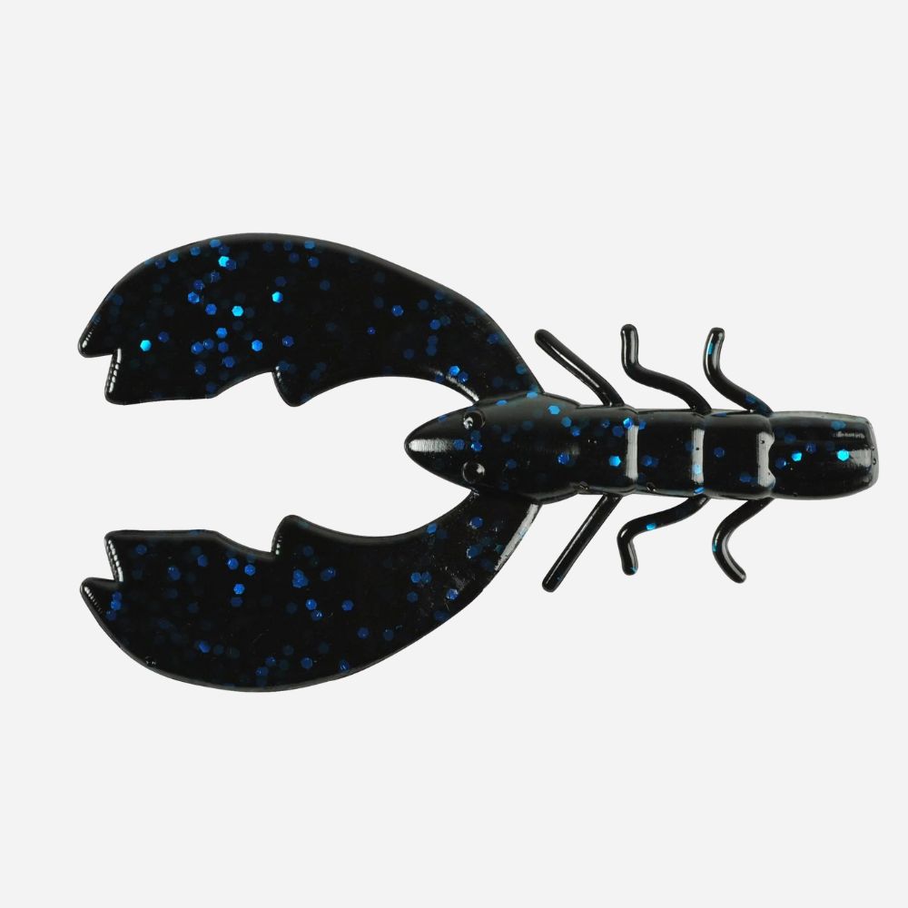 Black and blue speckled crawfish-shaped fishing lure on a white background