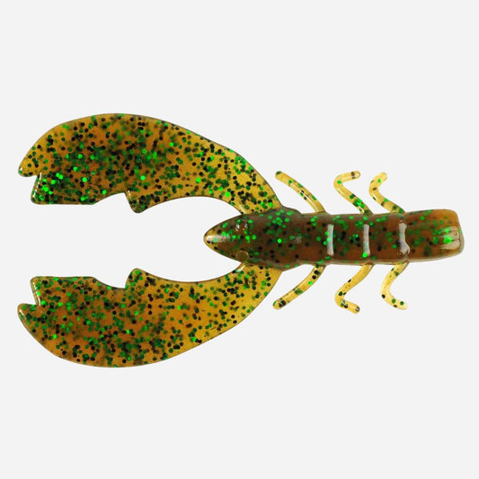 Fishing lure with green and brown speckled pattern on a white background
