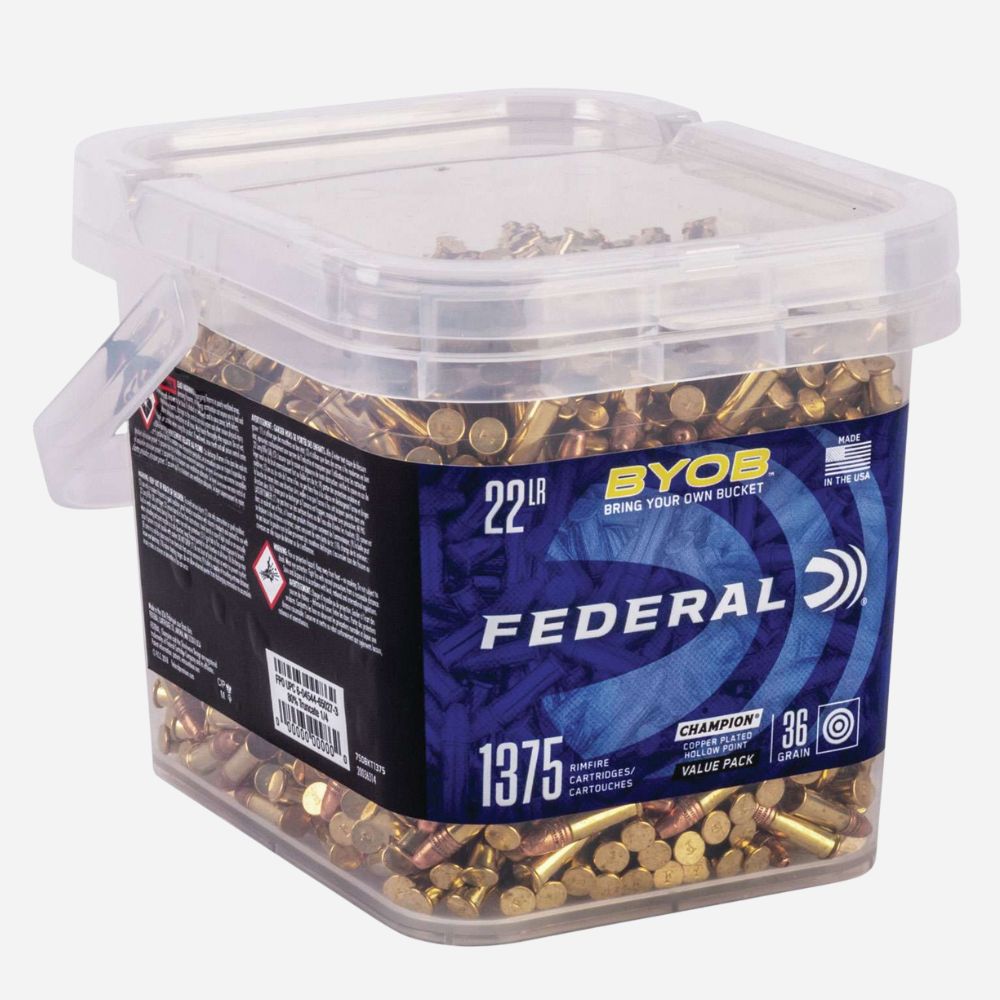 Clear container with Federal ammunition on a white background