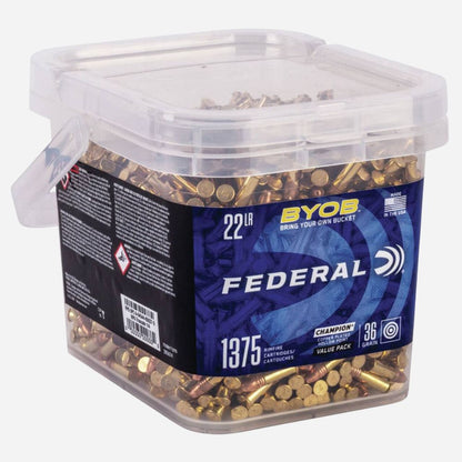 Clear container filled with Federal ammunition on a white background