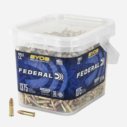 Federal ammunition bucket with bullets on a white background