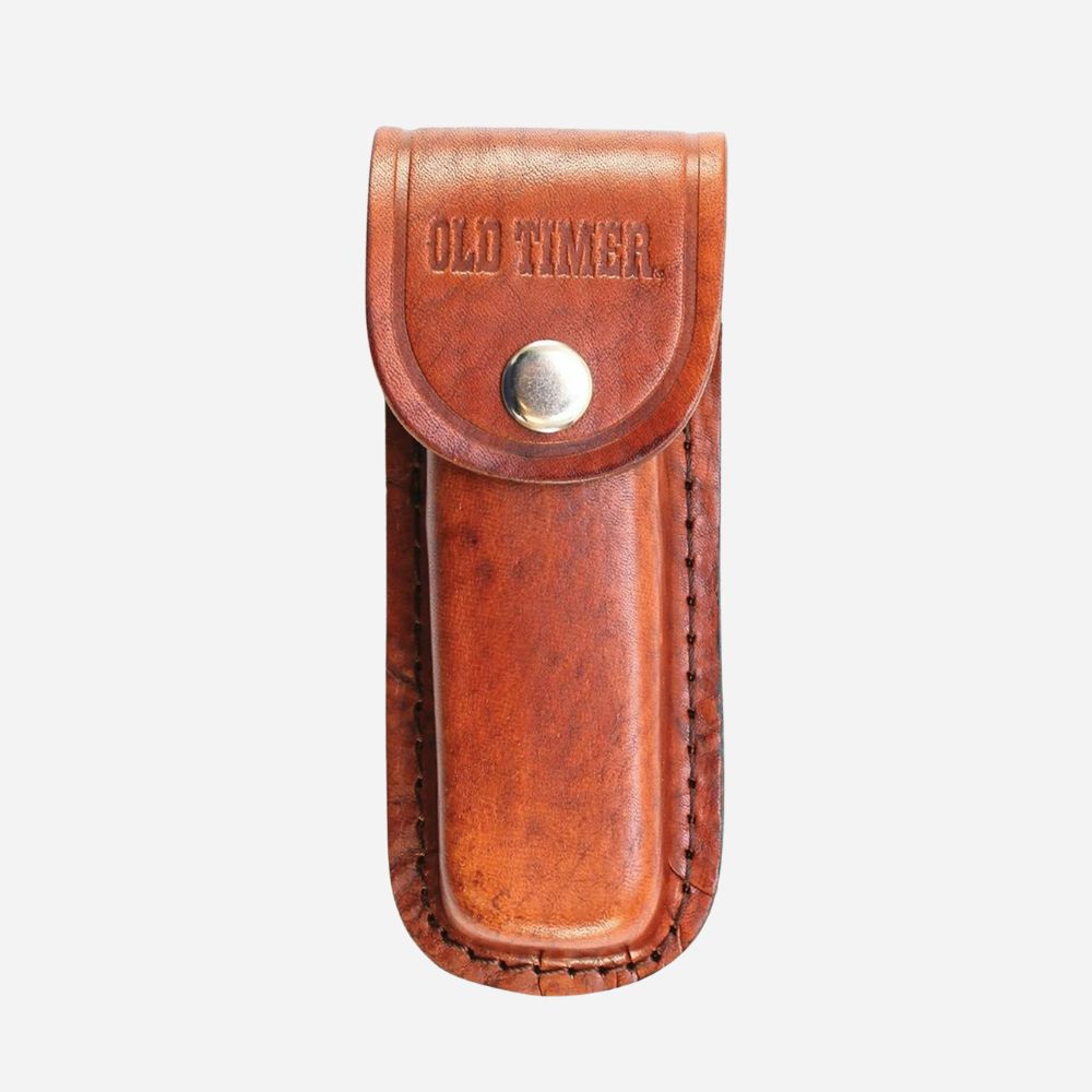 Brown leather pouch with 'Old Timer' branding on a white background