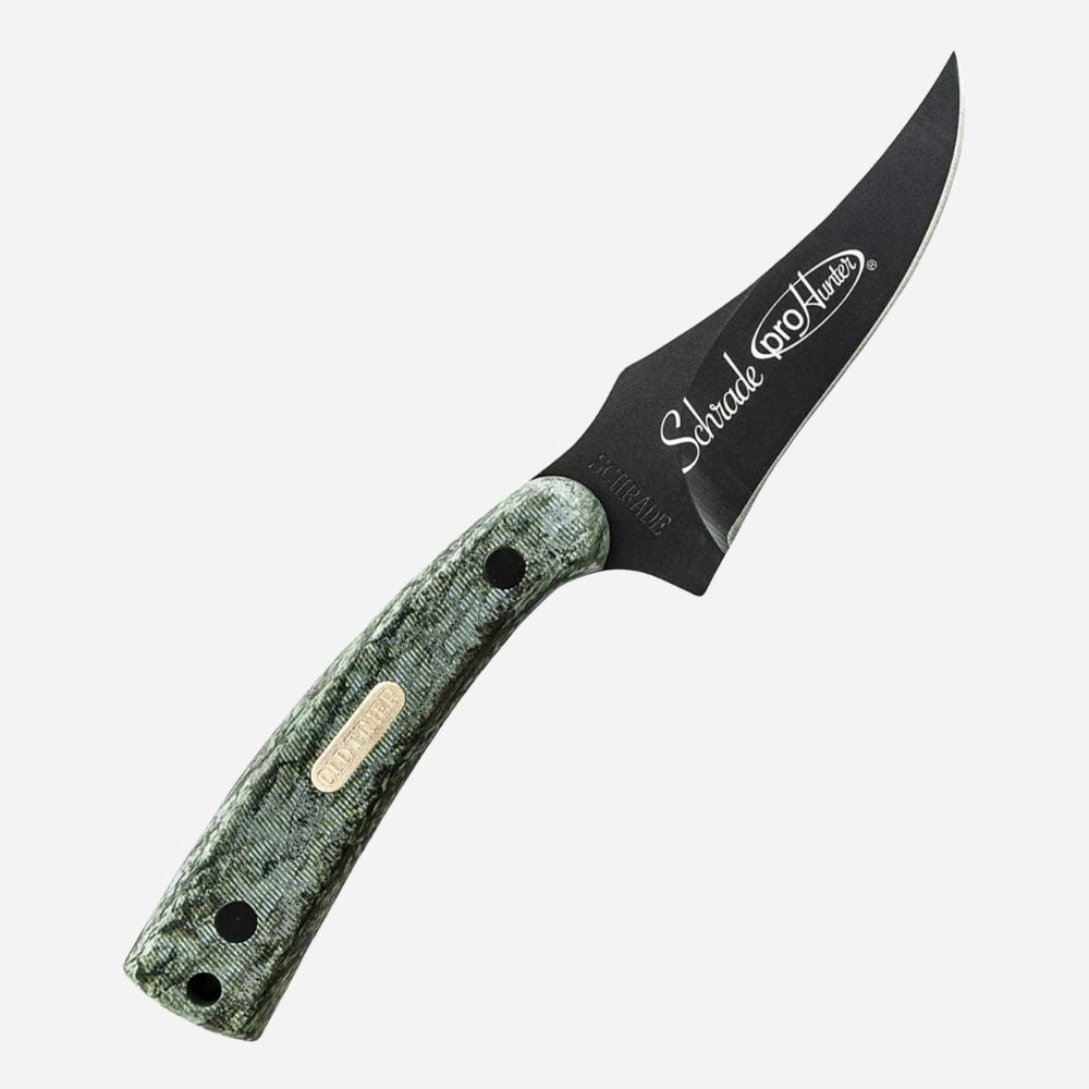 Knife with a green handle and black blade on a white background