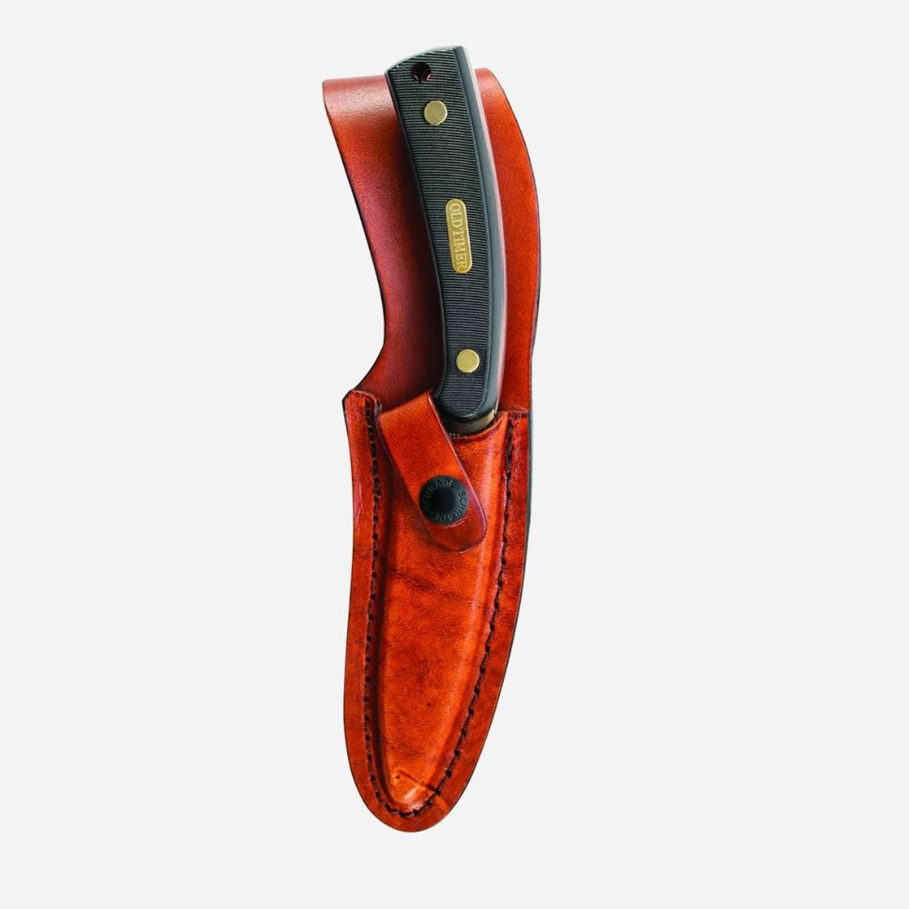 Knife with leather sheath on a white background