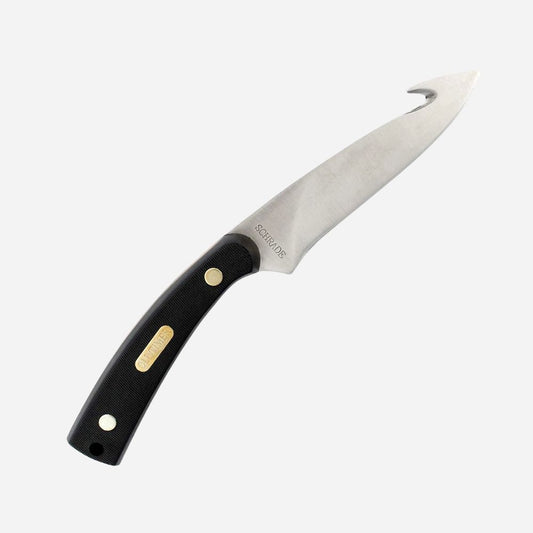 Knife with a black handle and gold accents on a white background