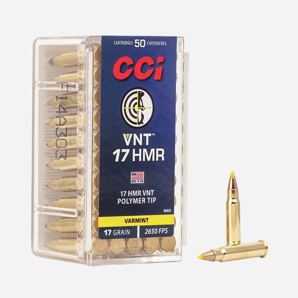 Box of CCI VNT 17 HMR ammunition with bullets on a white background