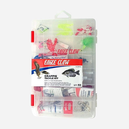 Eagle Claw Crappie Tackle Kit in a clear plastic storage case with red latches, containing various fishing lures, hooks, and accessories.