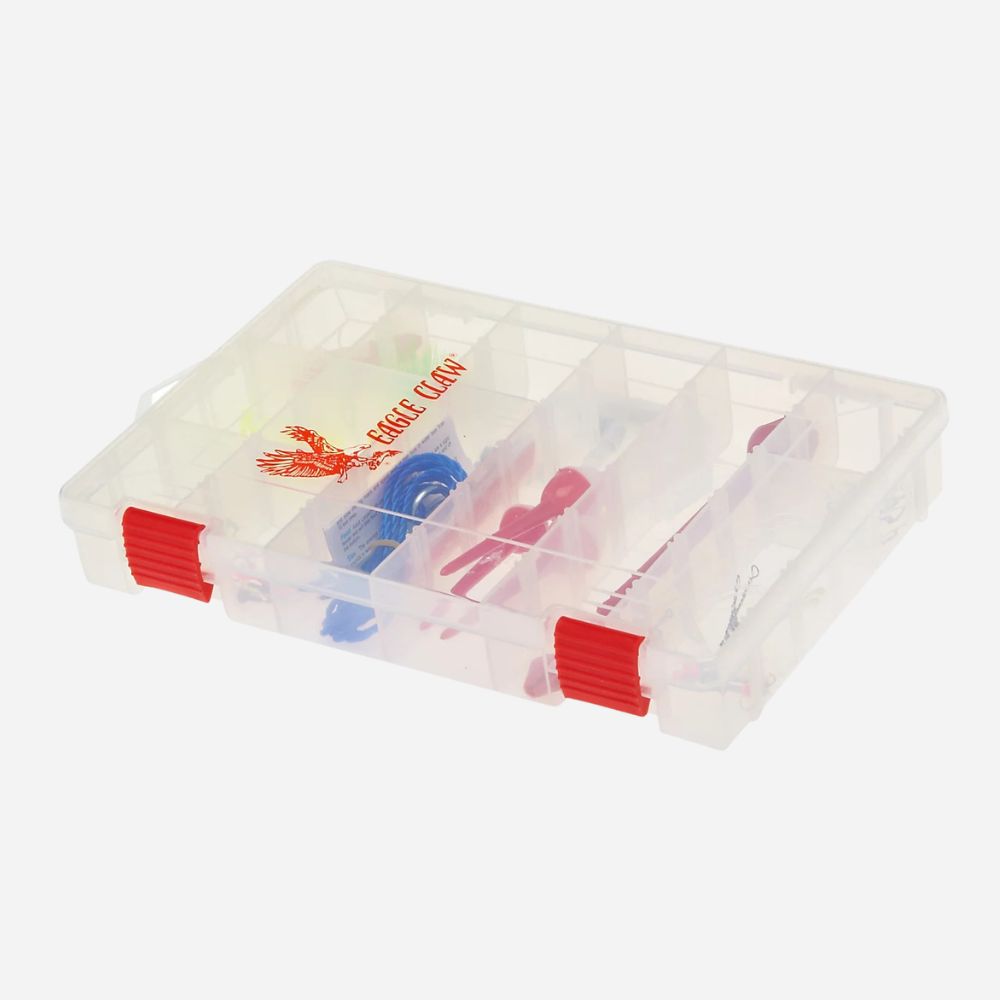A clear plastic compartment organizer box with red latch closures, containing fishing line and hooks, on a light gray background. The box is branded with a red eagle logo and the text 'CRANE CROW'.