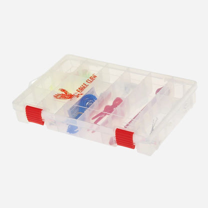 A clear plastic compartment organizer box with red latch closures, containing fishing line and hooks, on a light gray background. The box is branded with a red eagle logo and the text 'CRANE CROW'.