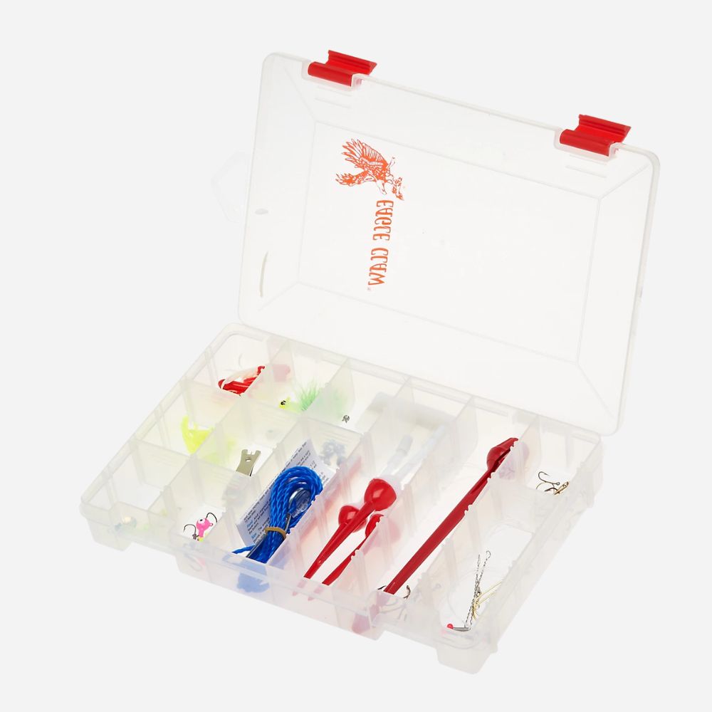 A clear plastic fishing tackle organizer box with red latches, shown open on a light gray background. The compartments contain various fishing lures, hooks, line, and tools, and the inside lid features a red bird logo with the text 'FISHING CROW'.