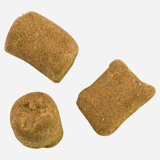 Three brown pet treats on a white background