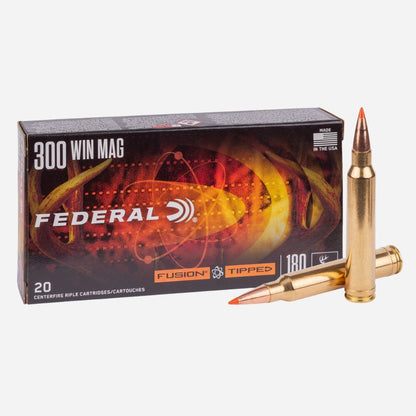 Federal 300 Win Mag ammunition box with bullets on a white background