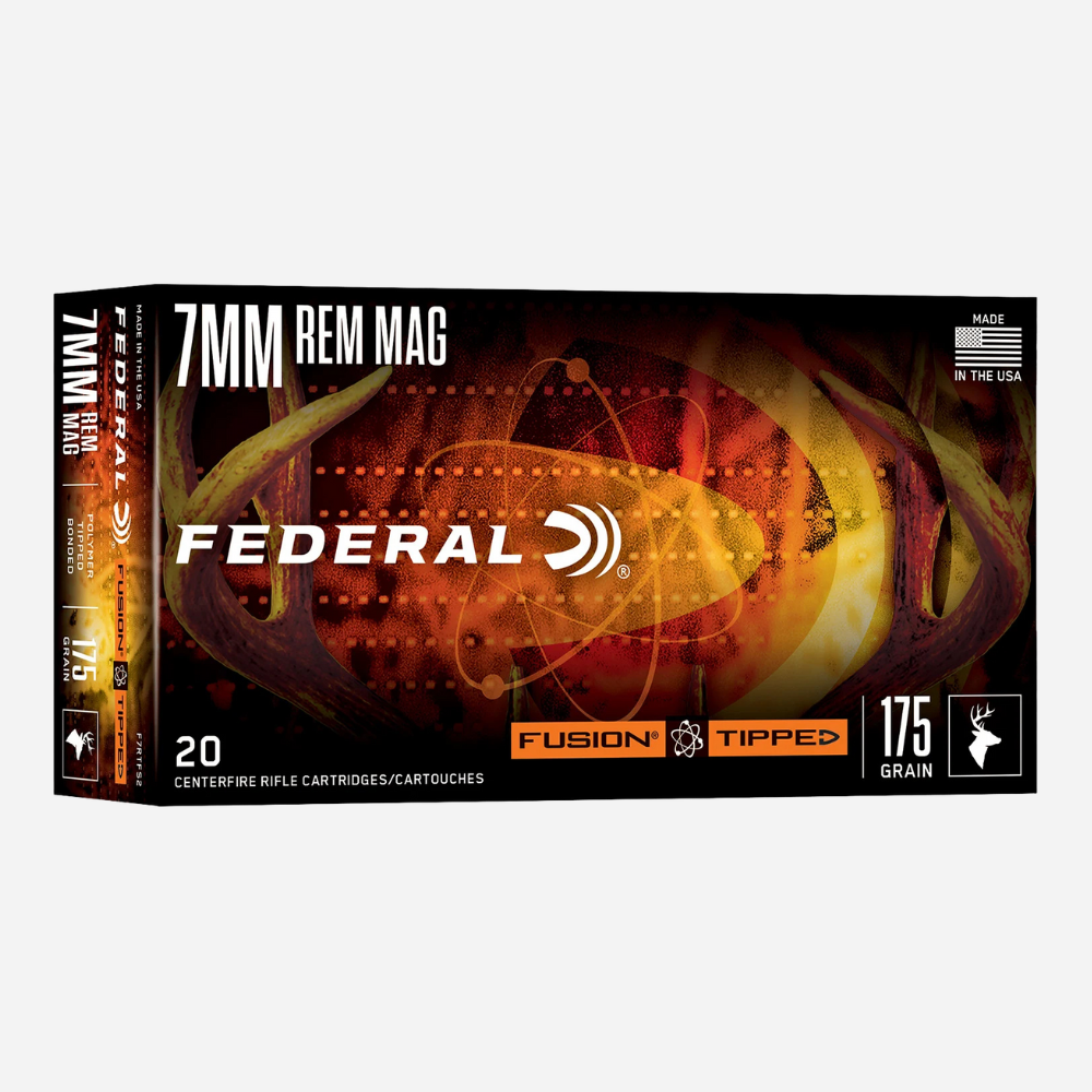 Federal 7mm Rem Mag ammunition box on a white background