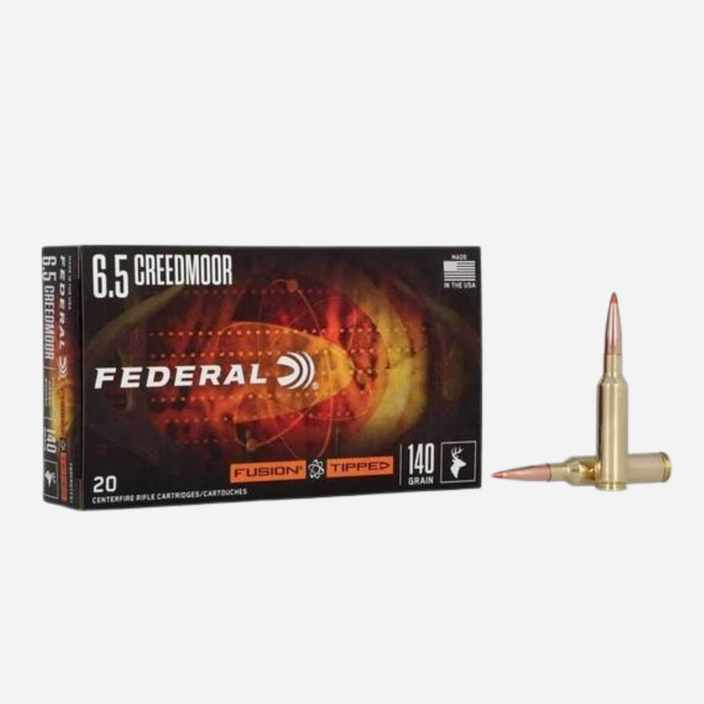 Federal 6.5 Creedmoor ammunition box with a bullet on a white background
