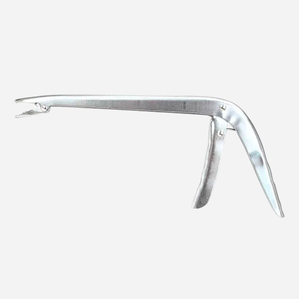 A silver metal tongue depressor with a smooth, polished finish, shown against a plain light gray background.