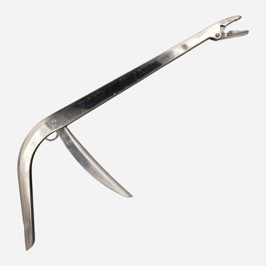 A stainless steel multi-tool with curved blades and a long handle, shown against a plain light gray background.