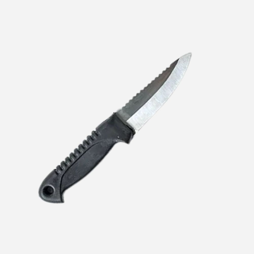 A fixed-blade knife with a textured black handle and a serrated silver blade, shown diagonally on a plain light gray background.