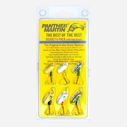 Panther Martin Deadly 6 Pack fishing lures in a clear plastic blister pack with a bright yellow backing card. The lures include metallic gold, silver, and red-and-green patterned designs.