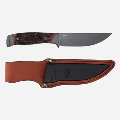 Knife with wooden handle and leather sheath on a white background