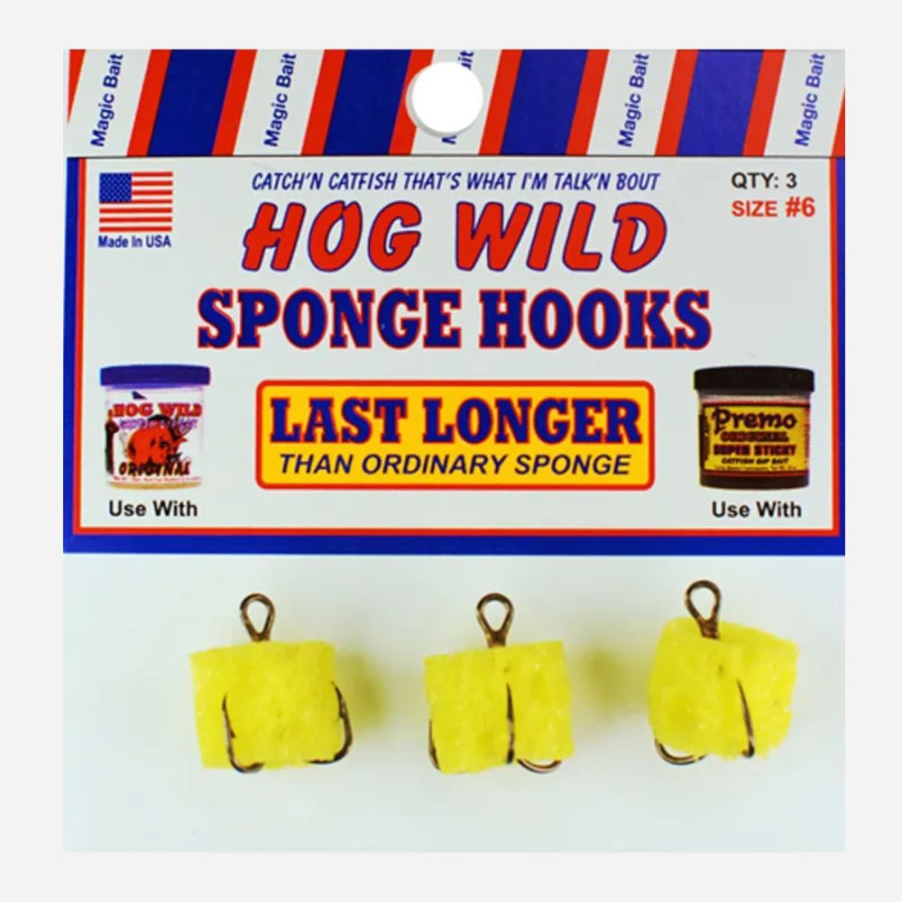 Packaging of Hog Wild Sponge Hooks with yellow sponge hooks on a white background